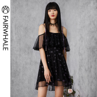 马克华菲女装2020夏新品黑色网纱一字肩连衣裙吊带连衣裙露肩