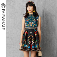 马克华菲女装印花圆领连衣裙女2019夏新款气质无袖中长裙
