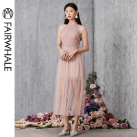 2020夏装无袖挂脖甜美浪漫高腰超仙网纱蕾丝连衣裙