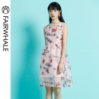 马克华菲女装2019夏新款无袖印花连衣裙a字背心裙露背中长款裙子