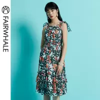 马克华菲女装2019夏季新品雪纺碎花裙夏小清新 无袖蝴蝶结连衣裙