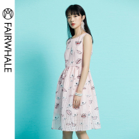 马克华菲女装2019夏季新品印花小清新连衣裙无袖修身裙子初恋裙