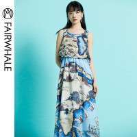 马克华菲女装2019夏新品 印花连衣裙 无袖长款连衣裙度假风