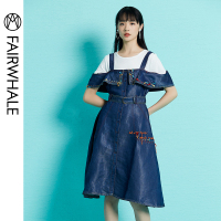 马克华菲女装2019夏新吊带一字肩牛仔连衣裙收腰学生大摆裙子