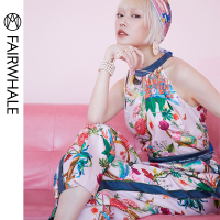 马克华菲女装2019夏新品连体裤女挂脖连体裤套装印花度假风