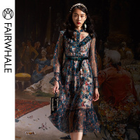 马克华菲女装2020春长袖连衣裙宫廷风复古碎花长款连衣裙