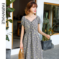 马克华菲女装2020夏印花格子连衣裙女收腰显瘦减龄连衣裙