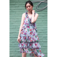 马克华菲女装碎花连衣裙2020新款夏季性感露背吊带裙荷叶边蛋糕裙