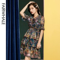 马克华菲女装2020夏新款中袖连衣裙复古宫廷风小碎花收腰显瘦裙子