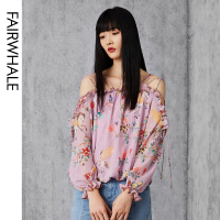 马克华菲女装2020夏一字肩雪纺衫木耳边衬衫复古法式印花衬衫