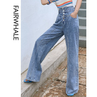 马克华菲女装2020夏高腰直筒牛仔裤女复古港风宽松牛仔裤