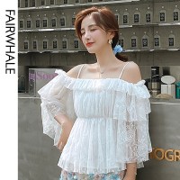 马克华菲女装2020夏荷叶边吊带蕾丝衫露肩衬衫女超仙