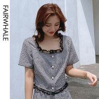 马克华菲女装2020夏复古格纹蕾丝边衬衫女小个子