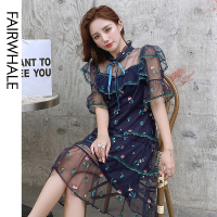 马克华菲女装2020夏刺绣印花连衣裙女复古优雅风连衣裙