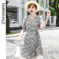 马克华菲女装2020夏v领连衣裙高腰显瘦度假风连衣裙韩版