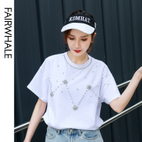 马克华菲女装2020夏新款重工珠钻装饰T恤短袖女白色简约T恤上衣
