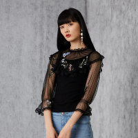 2020女春装拼接假两件荷叶边立体刺绣雪纺衬衫七分袖