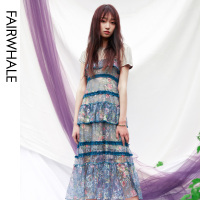 马克华菲女装2020年夏新款智薰连衣裙复古钩花蕾丝裙子假两件长裙