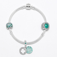 PANDORA潘多拉 绿色闪亮的心 耀目四叶草925银串饰手链 绿色