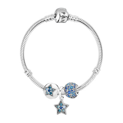 PANDORA潘多拉 925银手链蓝色璀璨星辰串珠星星吊坠成品套装手链