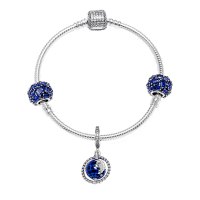 PANDORA潘多拉925银手链 蓝色优雅冰晶旋转地球串饰成品手链套装 ZT102702