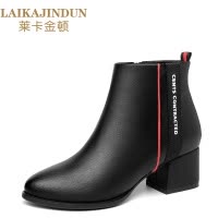莱卡金顿 短靴女秋冬季黑色裸靴高跟及踝靴马丁靴粗跟圆头中跟女靴 6581