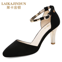 莱卡金顿LAIKAJINDUN包头凉鞋女细跟黑色一字带性感高跟鞋夏季新款女鞋子韩版百搭6694