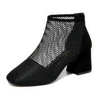 百年纪念Centenary夏季尖头粗跟网纱透气女鞋豹纹后拉链时尚女士凉鞋1954