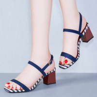 高跟鞋粗跟女士凉鞋夏季2018新款韩版百搭一字带中跟学生罗马女鞋