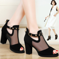 鱼嘴凉鞋女夏天2018新款中跟古奇天伦春季高跟粗跟鞋百搭韩版网纱