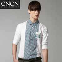 CNCN男士长袖休闲衬衫 个性七分袖小方格绿镶拼夏季男衣服|NDCU2610
