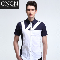 CNCN男士短袖衬衫 修身时尚黑白百搭纽扣男装舒适弹性|NDCY2648