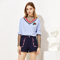 美丽衣橱上衣裤子两件套女2018新款时尚条纹绣花宽松显瘦套装