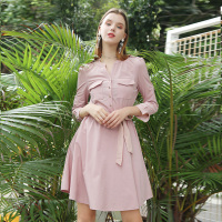 美丽衣橱民族风连衣裙女2018秋新款时尚收腰显瘦七分袖百褶裙