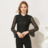 美丽衣橱性感蕾丝上衣女2018秋新款时尚百搭喇叭袖韩范潮流T恤