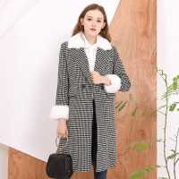 美丽衣橱复古千鸟格子毛呢大衣2018秋冬新款毛毛长袖中长款外套