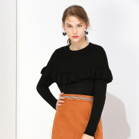 美丽衣橱黑色上衣女2018冬季新款时尚百搭圆领长袖荷叶边针织衫