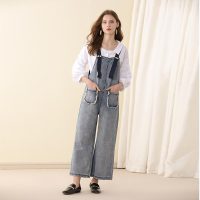 美丽衣橱背带裤女2018冬新款时尚韩版高腰直筒做旧口袋牛仔裤子