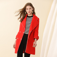 美丽衣橱大红色双排扣毛呢外套女2018冬季新款时尚气质呢子大衣