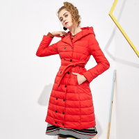 美丽衣橱大红色轻薄羽绒服女2018冬新款时尚百搭纯色双排扣外套