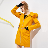 美丽衣橱气质名媛毛呢外套女中长款真狐狸毛领纯色连帽呢子大衣