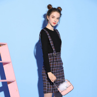 美丽衣橱英伦风格子背带裙两件套女2018冬新款时尚高腰显瘦套装