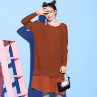 美丽衣橱气质纯色针织衫女中长款2018冬新款时尚拼接潮流针织衫