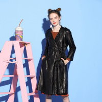 美丽衣橱帅气黑色机车皮衣女2018冬新款时尚百搭收腰系带PU大衣