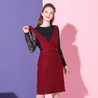 美丽衣橱时尚套装女2018冬季新款蕾丝长袖上衣纯色背带裙两件套