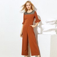 美丽衣橱韩范连体裤女2019春季新款时尚百搭圆领喇叭袖连衣裤潮