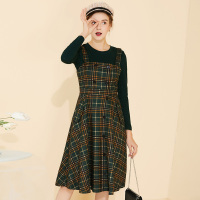 美丽衣橱森女风套装女2019春装亲款百搭纯色上衣长款格子吊带裙