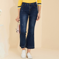 美丽衣橱裤子女2019春装新款时尚百搭磨破高腰修身牛仔喇叭裤