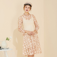 美丽衣橱针织套装女2019春装新款印花长袖连衣裙针织背心短马甲