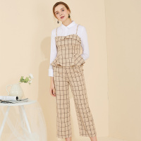 美丽衣橱高腰直筒裤两件套女2019新款英伦风格子学生时尚套装潮